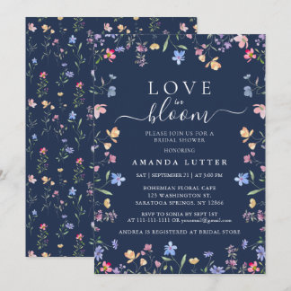 Invitación Ducha de novia de flor silvestre azul marino Love