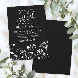Invitación Ducha de Novia de Flor Silvestre Elegante Negra