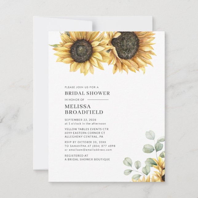 Invitación Ducha de Novia de Floral de Eucalipto de Girasol (Anverso)