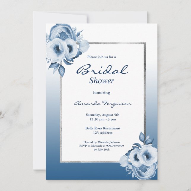 Invitación Ducha de novia de flores azules clásicas (Anverso)