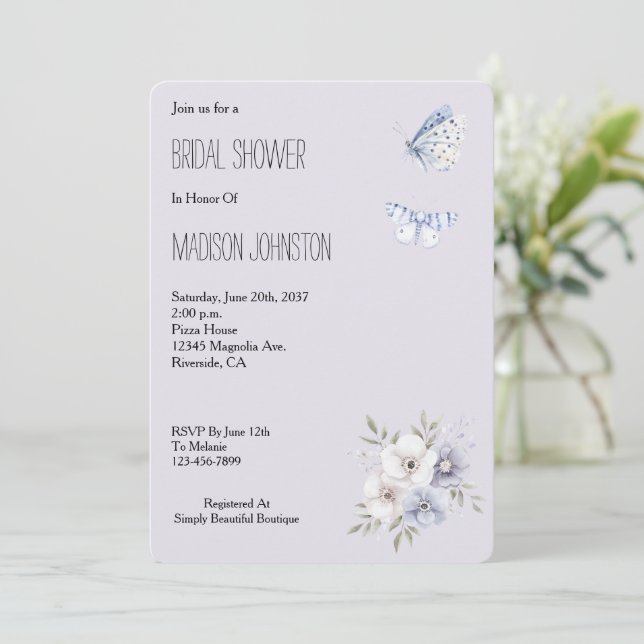 Invitación Ducha de Novia de Flores de Lavanda y Mariposas (Anverso de pie)