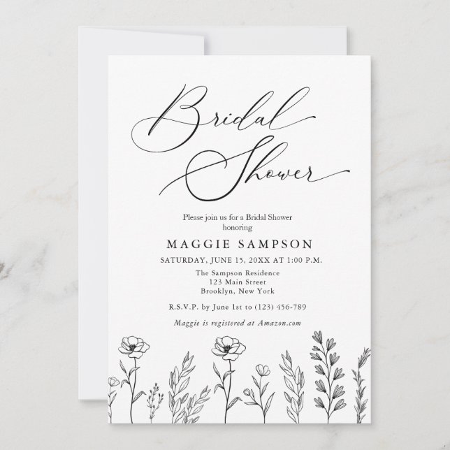 Invitación Ducha de novia de flores silvestres negras y blanc (Anverso)