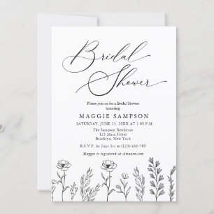 Invitación Ducha de novia de flores silvestres negras y blanc