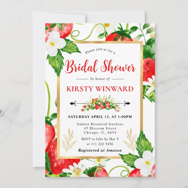 Invitación Ducha de Novia de Fresas y Flores en Acuarela (Anverso)