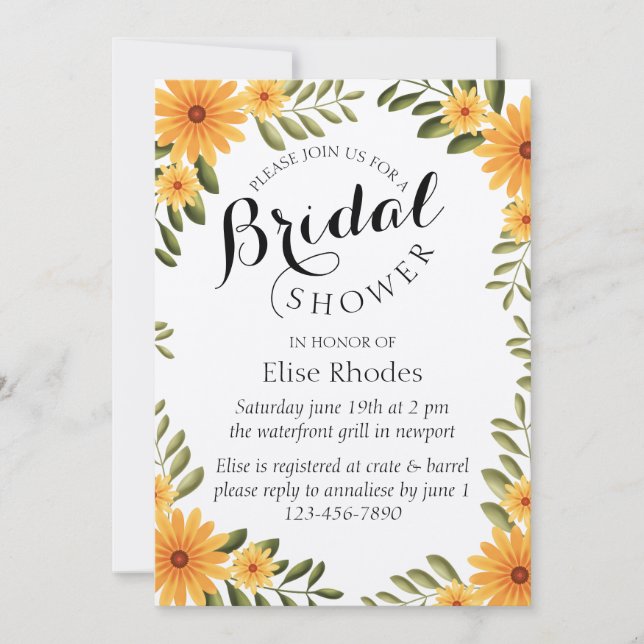 Invitación Ducha de novia de girasol amarillo brillante y rui (Anverso)
