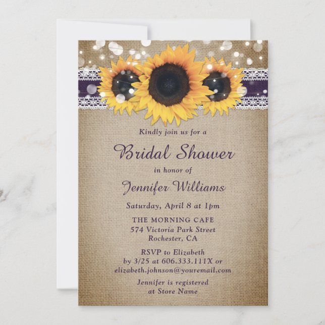 Invitación Ducha de novia de girasol ruso morado (Anverso)