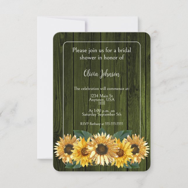 Invitación Ducha de novia de girasol verde ruso (Anverso)