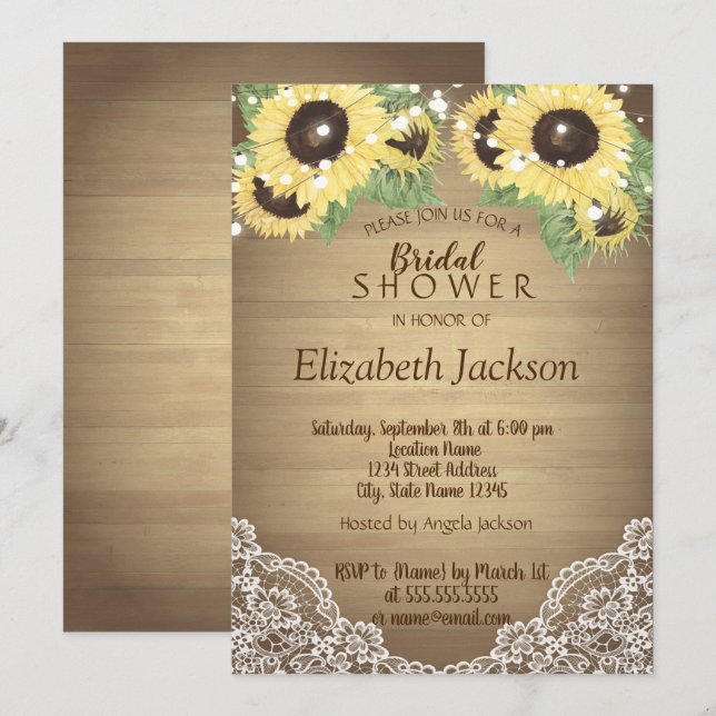 Invitación Ducha de Novia de Girasoles, Encaje, Luces de Cuer (Anverso / Reverso)