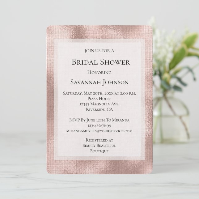 Invitación Ducha de novia de Glam Gold Rosa de Rubor (Anverso de pie)
