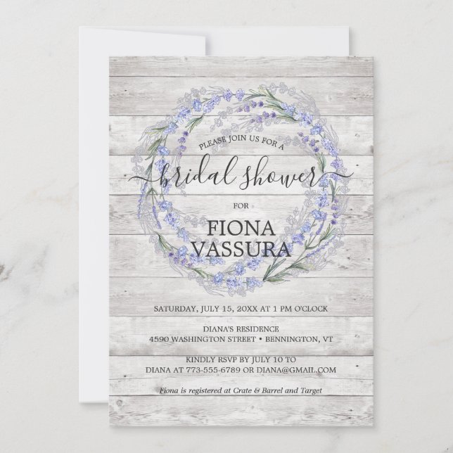 Invitación Ducha de novia de guiso floral de lavanda de mader (Anverso)