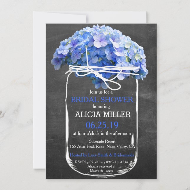 Invitación Ducha de novia de Hidrangeas azules de Mason Jar C (Anverso)