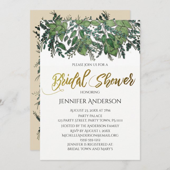 Invitación Ducha de novia de hoja de oro verde (Anverso / Reverso)