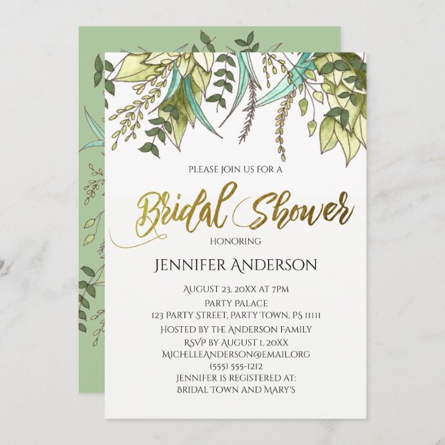Invitación Ducha de novia de hoja de oro verde (Anverso / Reverso)