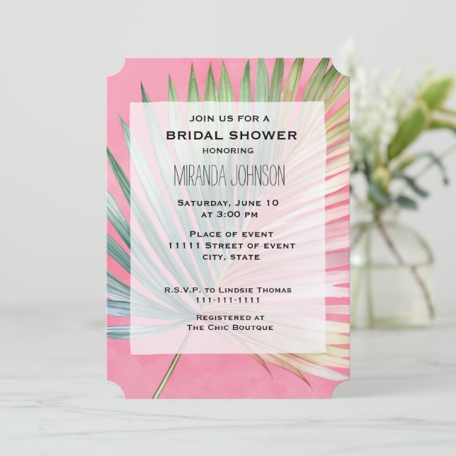 Invitación Ducha de novia de hoja verde rosa tropical (Anverso de pie)