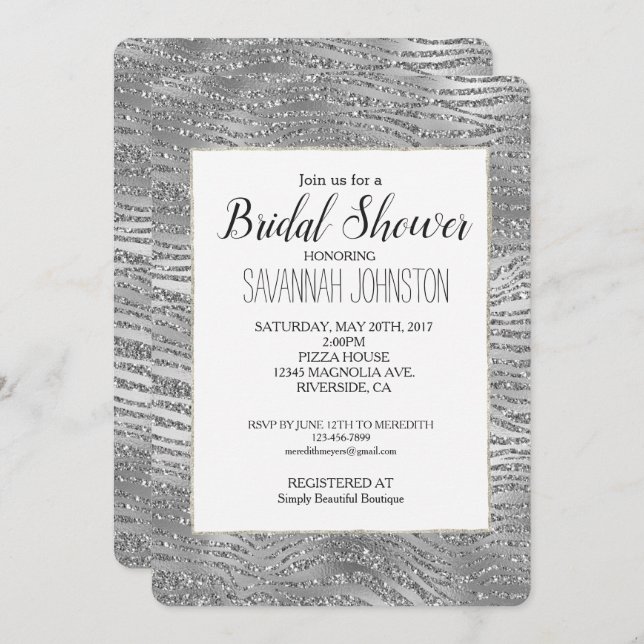 Invitación Ducha de novia de impresión de cebra de glitz plat (Anverso / Reverso)