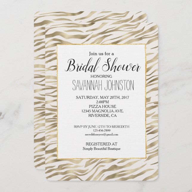 Invitación Ducha de novia de impresión de cebra dorada (Anverso / Reverso)