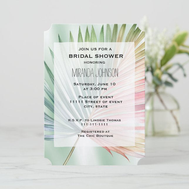 Invitación Ducha de novia de la hoja verde rosa tropical de l (Anverso de pie)