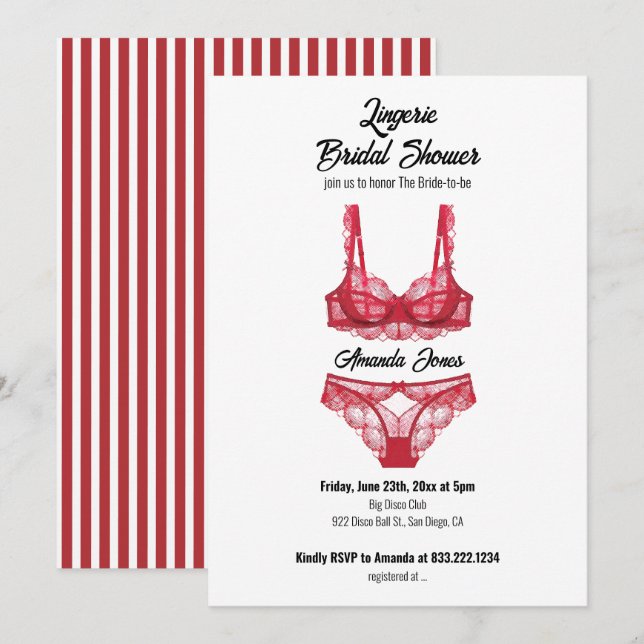 Invitación Ducha de novia de la lencería roja (Anverso / Reverso)