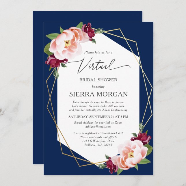 Invitación Ducha de novia de la Marina de Oro de Borgoña virt (Anverso / Reverso)