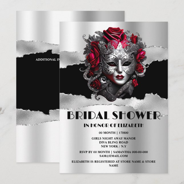 Invitación Ducha de novia de la mascarada roja de rosa de pla (Anverso / Reverso)