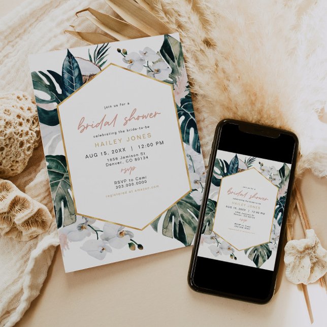 Invitación Ducha de novia de la palma tropical rosa de Rubor (Subido por el creador)