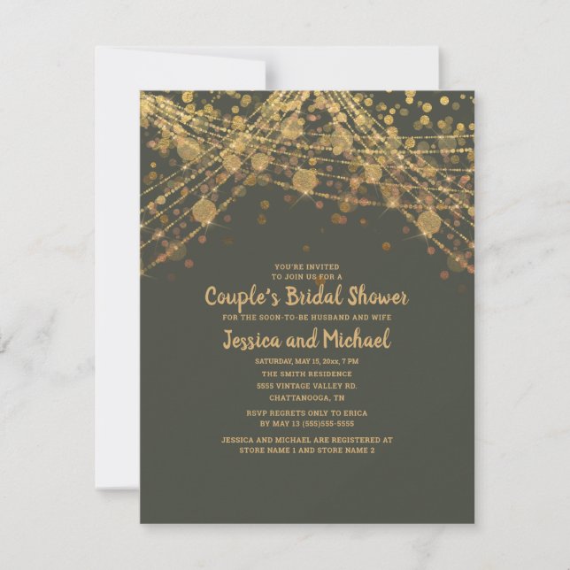 Invitación Ducha de novia de la pareja de oro verde oliva (Anverso)