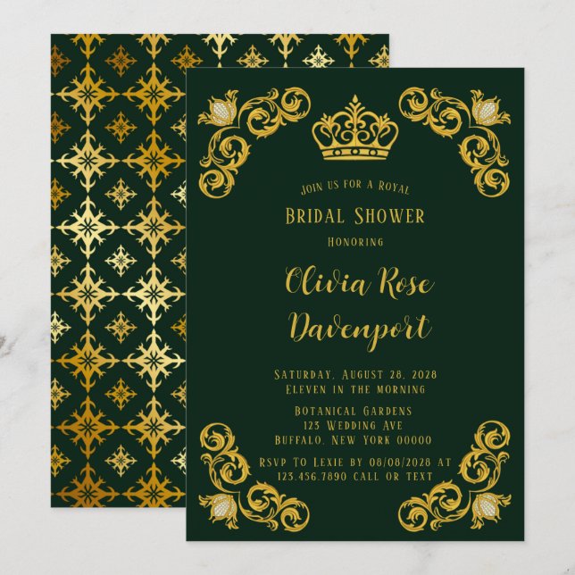 Invitación Ducha de novia de la Royal Crown Green y Gold (Anverso / Reverso)