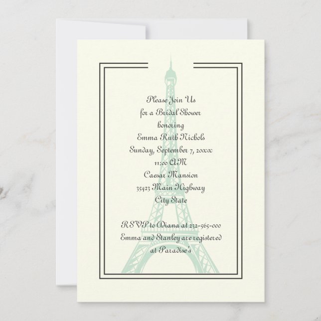 Invitación Ducha de novia de la Torre Eiffel de París (Anverso)