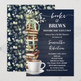 Invitación Ducha de novia de libros y café Navy Eucalyptus