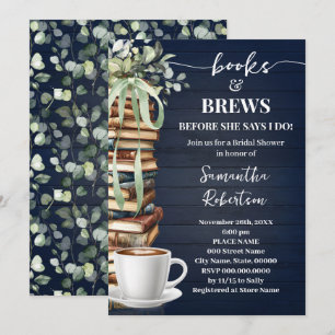 Invitación Ducha de novia de libros y café Navy Eucalyptus