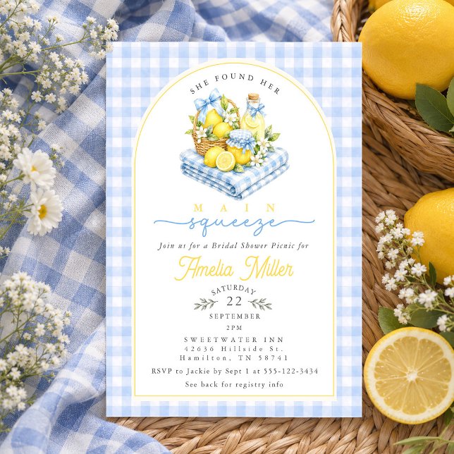 Invitación Ducha de Novia de Limón con Cinta de Gingham Azul (Blue Gingham Bow Lemon Picnic Bridal Shower Invitation)
