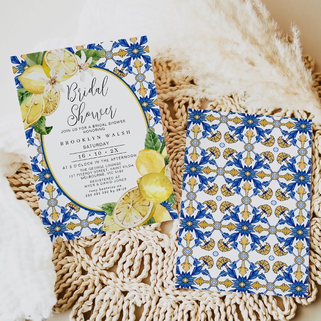 Invitación Ducha de novia de limón limón azul amarillo (Blue and Yellow Lemon Bridal Shower Invitation Template easy to edit designed by Fig tree Design.)