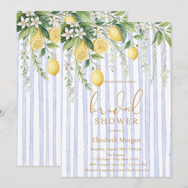 Invitación Ducha de Novia de Limones Floridos a Rayas Azules (Anverso / Reverso)