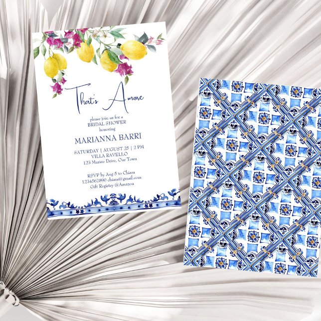 Invitación Ducha de novia de limones italianos buganvillea ci (Italian maiolica lemons bougainvillea Mediterranean citrus bridal shower invitation template digital)