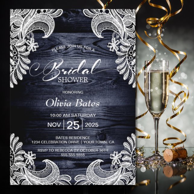 Invitación Ducha de novia de madera azul de encaje blanco (Subido por el creador)