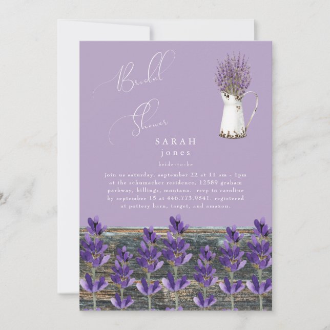 Invitación Ducha de novia de madera de lavanda de cosecha rús (Anverso)