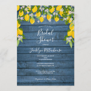 Invitación Ducha de Novia de Madera Rústica Azul con Limón y 
