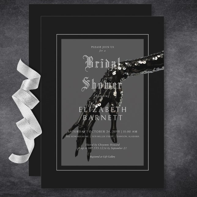 Invitación Ducha de novia de mano negra gótica oscura (Dark Gothic Black Sequin Hand Bridal Shower Invitation)