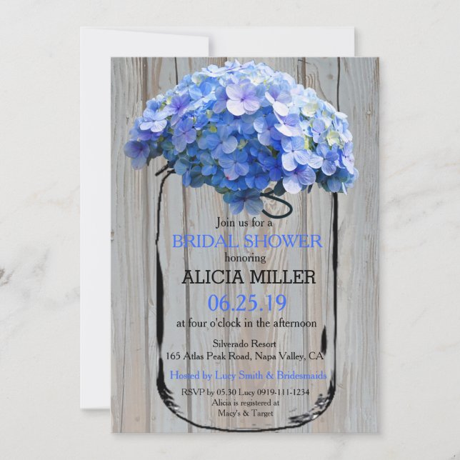 Invitación Ducha de novia de Mason Jar Barnwood Blue Hydrange (Anverso)