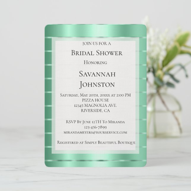 Invitación Ducha de novia de Mint Jewel Ribbon (Anverso de pie)