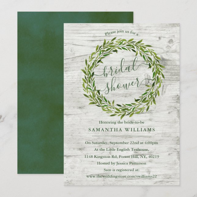 Invitación Ducha de novia de moda Laurel Wreath Greenery (Anverso / Reverso)