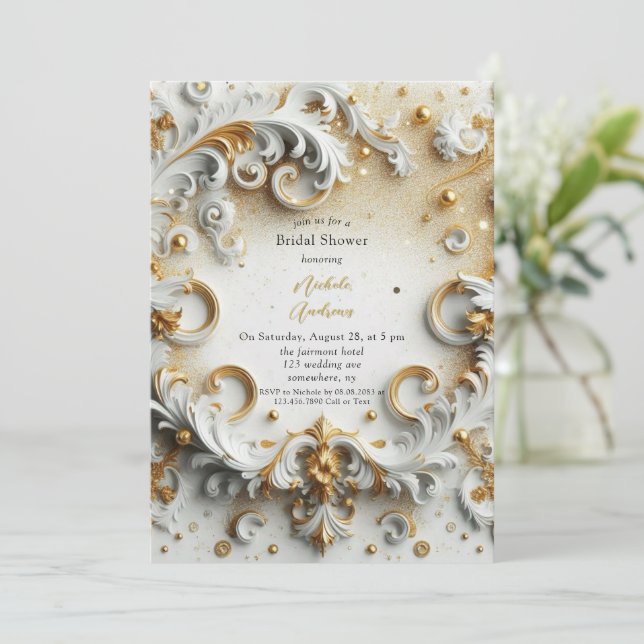Invitación Ducha de novia de oro blanco de estilo barroco de  (Anverso de pie)