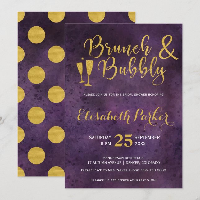Invitación Ducha de novia de oro de bronce y violeta (Anverso / Reverso)