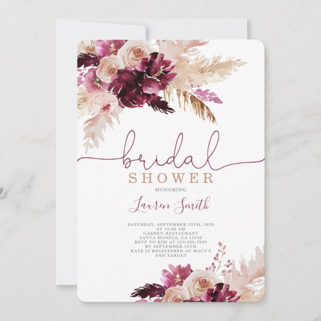 Invitación Ducha de novia de pampas Grass burgundy (Anverso)