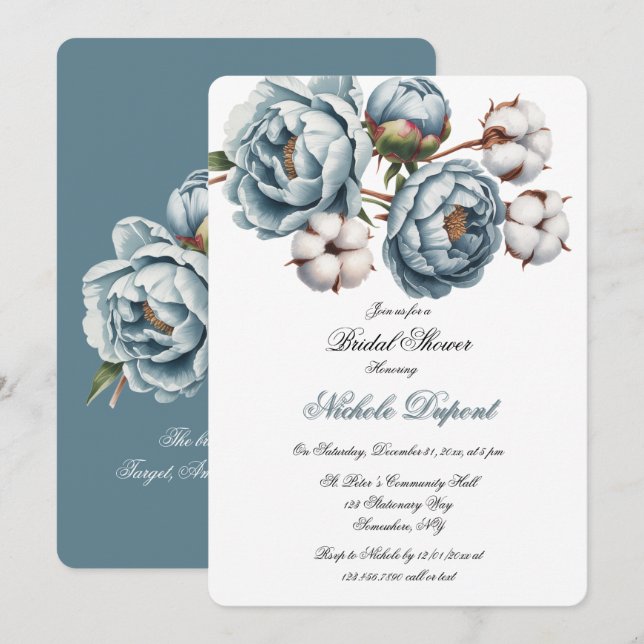 Invitación Ducha de Novia de Peonía Azul Polvorienta y Algodó (Anverso / Reverso)