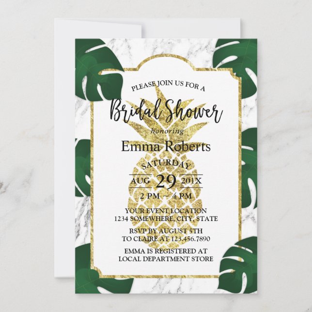 Invitación Ducha de novia de piña dorada Marble blanco de mod (Anverso)
