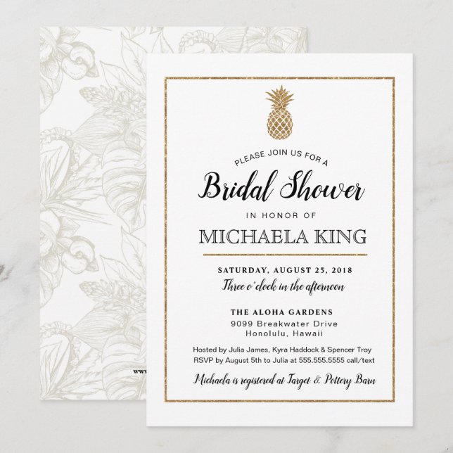 Invitación Ducha de novia de piña moderna, blanca y dorada (Anverso / Reverso)