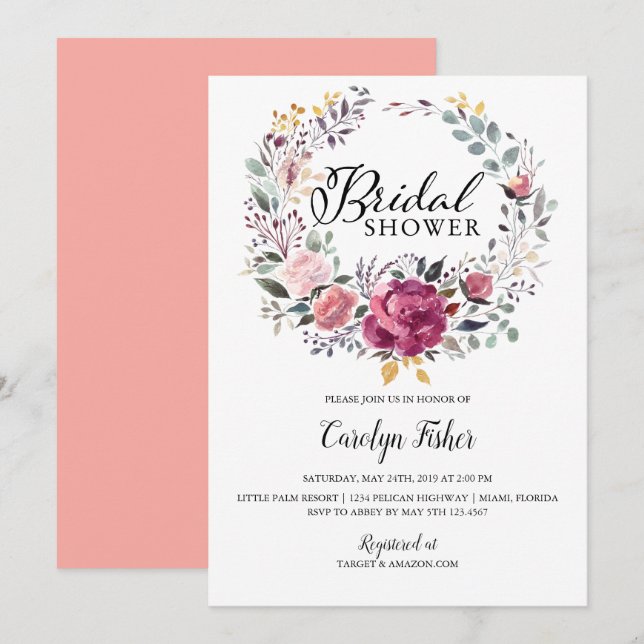Invitación Ducha de novia de PInk Roses Wreath (Anverso / Reverso)
