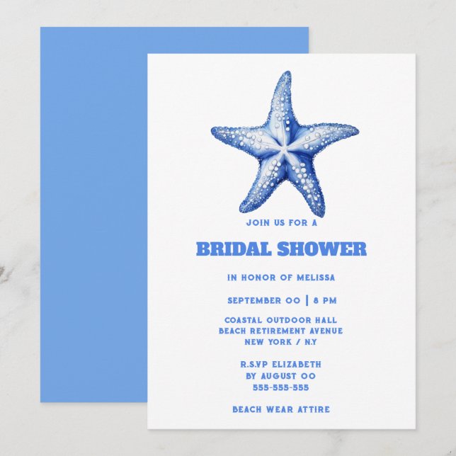 Invitación Ducha de novia de playa blanca y azul Starfish (Anverso / Reverso)