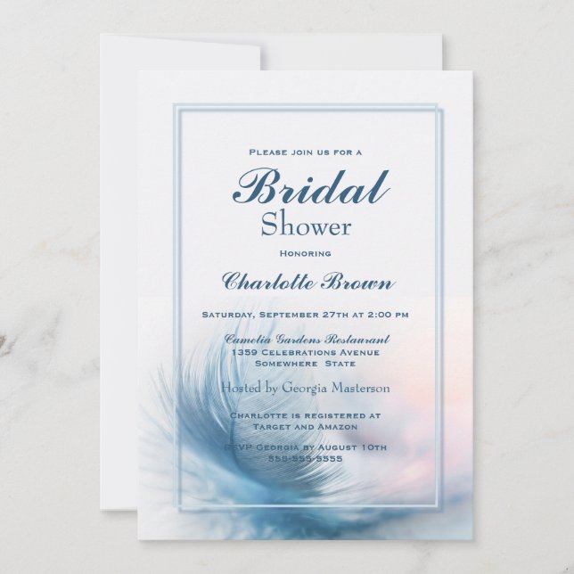 Invitación Ducha de novia de plumas de borde azul (Anverso)